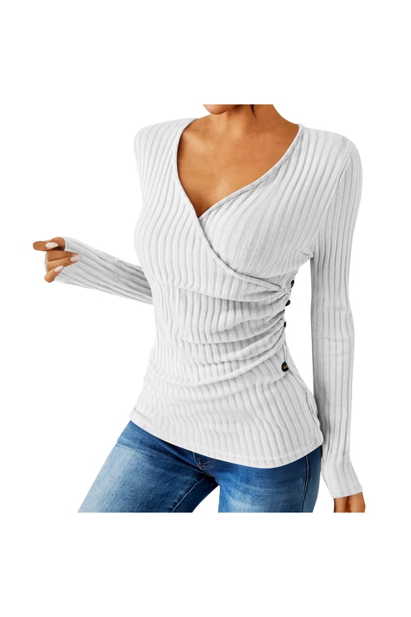 Tunic Tops for Women Slim Fit Ribbed Knit Base Sweaters Side Buttons Wrap V-Neck Pullover Long Sleeve Blouses (2XL, White)