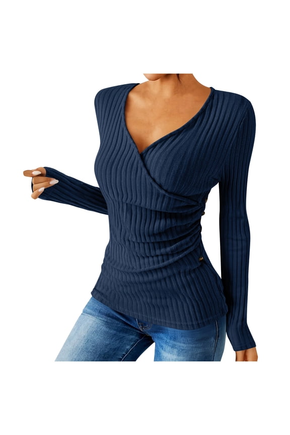 Tunic Tops for Women Slim Fit Ribbed Knit Base Sweaters Side Buttons Wrap V-Neck Pullover Long Sleeve Blouses (M, Navy)