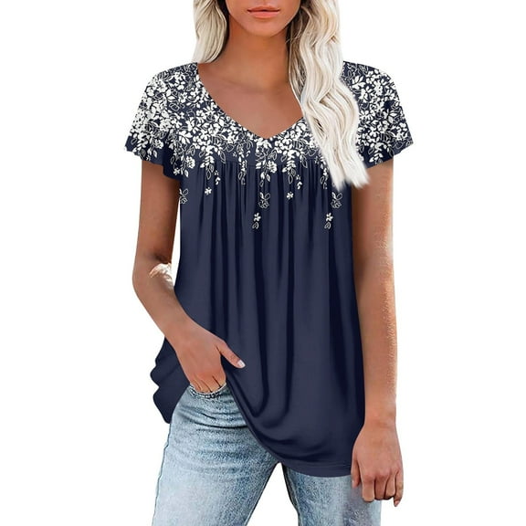 Tunic Tops for Women Striped color block Short Sleeve V Neck Blouses Elegant Pleated Summer Shirts Casual Bohemian Tops