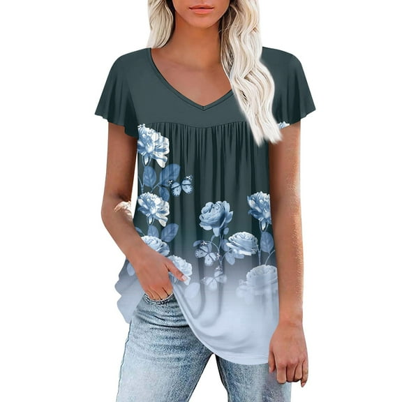 Tunic Tops for Women Striped color block Short Sleeve V Neck T-Shirts Fashion Pleated Summer Tops Dressy Blouses Casual V Neck Bohemian Blouses