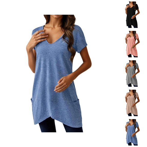 Tunic Tops for Women Summer Short Sleeve V Neck Irregular Hem Casual Plain Long T Shirts with Pockets