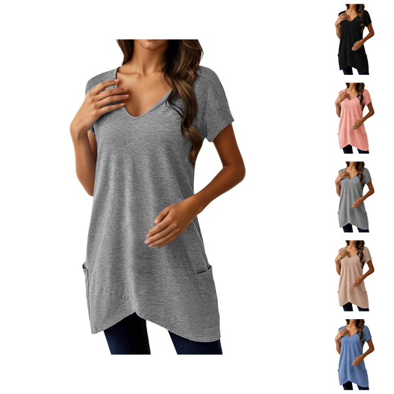 Tunic Tops for Women Summer Short Sleeve V Neck Irregular Hem Casual Plain Long T Shirts with Pockets