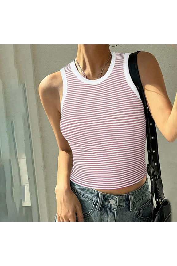 Tunic Tops for Women Summer Striped Print Crew Neck Tee Shirts Leisure Slim Fit Sleeveless Standard Straps Blouses