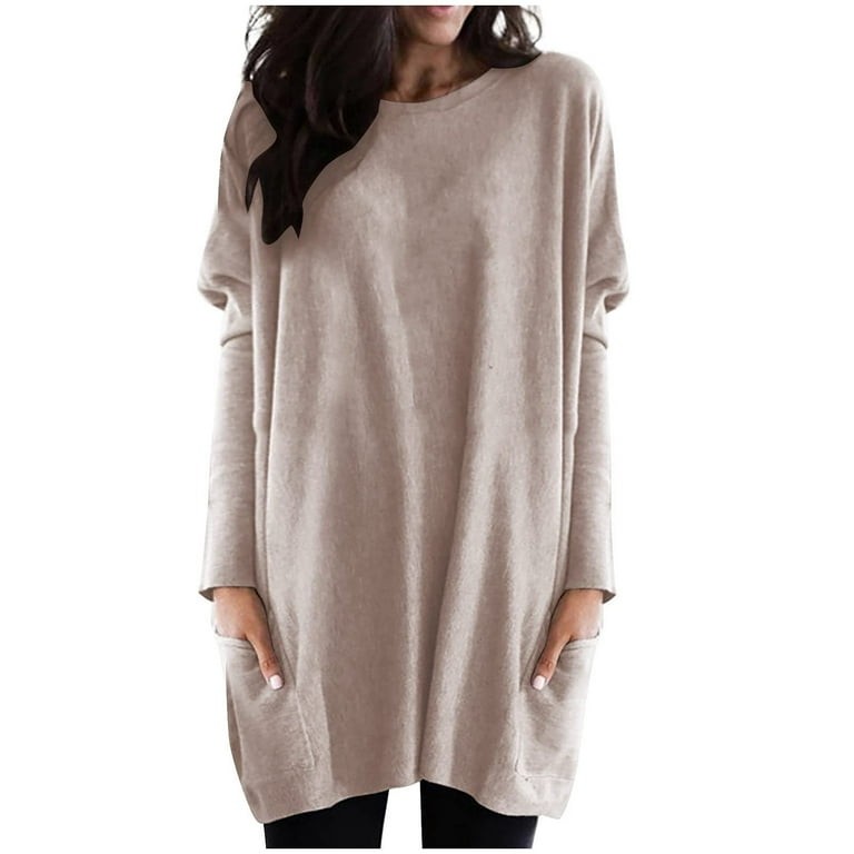 Tunic Tops to Wear with Leggings Dressy Flowy Hide Belly Long Shirt Long  Sleeve Shirts Comfy Round Neck Solid Plus Size Tops for Women Pink M 