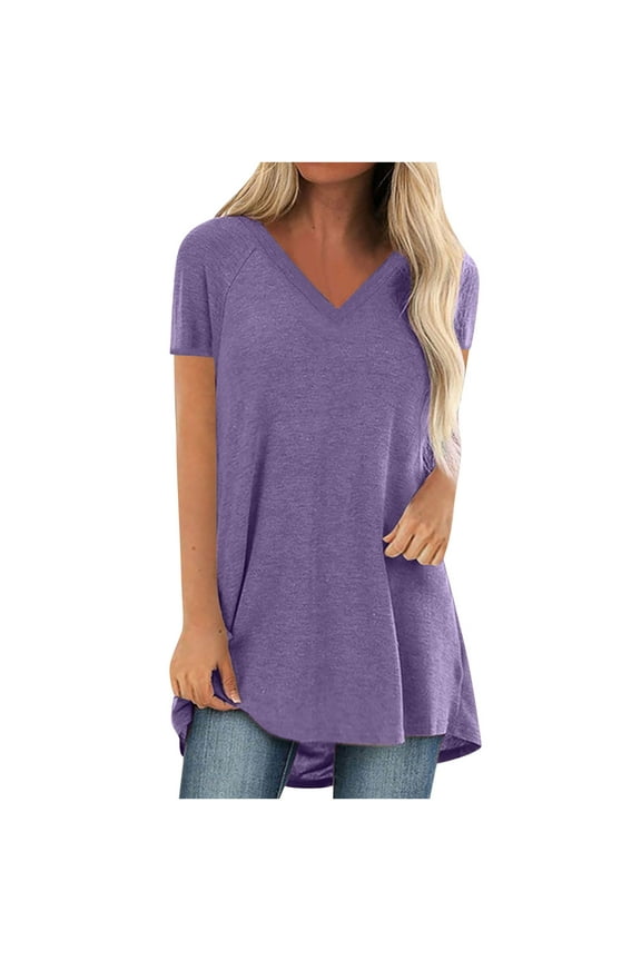 Tunic V Neck Long Tee Shirt for Womens Flowy Short Sleeve Tops Plus Size High Low Hem Going Out Blouses