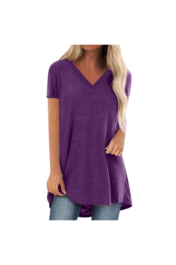 Tunic V Neck Long Tee Shirt for Womens Flowy Short Sleeve Tops Plus Size High Low Hem Going Out Blouses