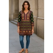 Tunic for Women Gold Foil Round Neck Printed Short Crape Kurti Kurta 3/4 Sleeves Tunic Top.
