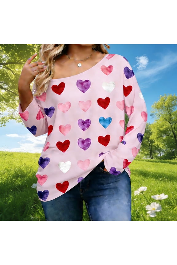 Tunic for Women One Shoulder Long Sleeve Fashion Loose Fit Watercolor Hearts Pattern Soft Stretchy Fabric Casual Loungewear Fall Top