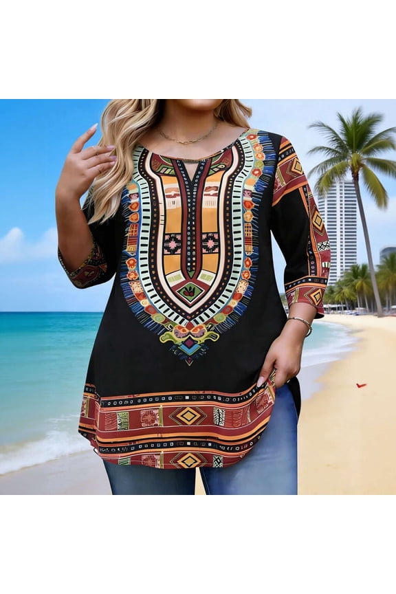 Tunic for Women V Neck Three Quarter Sleeve Boho Relaxed Fit Ethnic Tribal Pattern Graphic Print Soft Fabric Casual Streetwear Longline Top