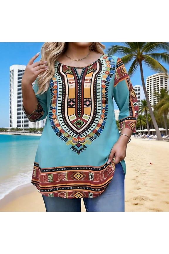 Tunic for Women V Neck Three Quarter Sleeve Boho Relaxed Fit Ethnic Tribal Pattern Graphic Print Soft Fabric Casual Streetwear Longline Top