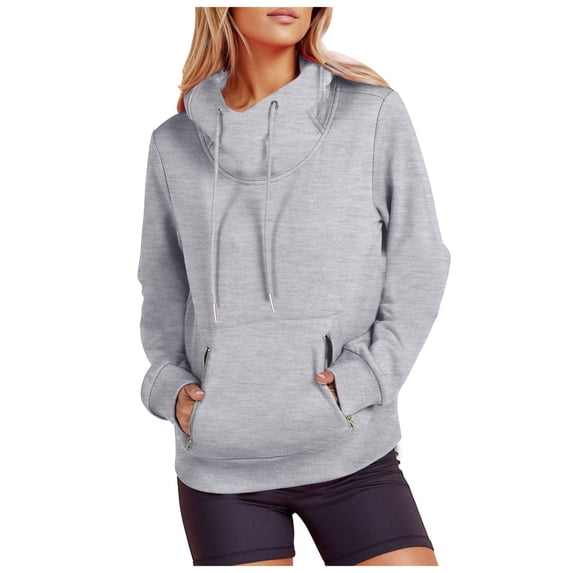 Tunics Tops for Women Dressy Winter Basic Hooded Long Sleeve Kimono Off the Shoulder Drawstring Plain Pullover Cotton Hoodie Sweatshirt(Grey,XL)
