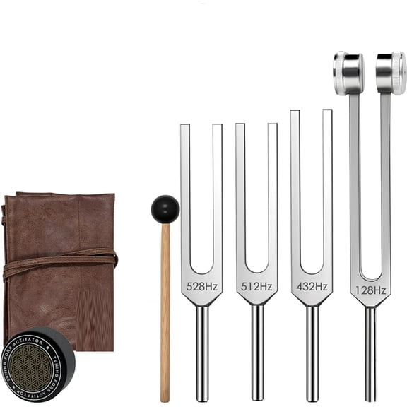Tuning Fork Set - 128Hz 432Hz 512Hz 528Hz Weighted & Unweighted Frequency Tools with Activator, Mallet & Vegan Pouch