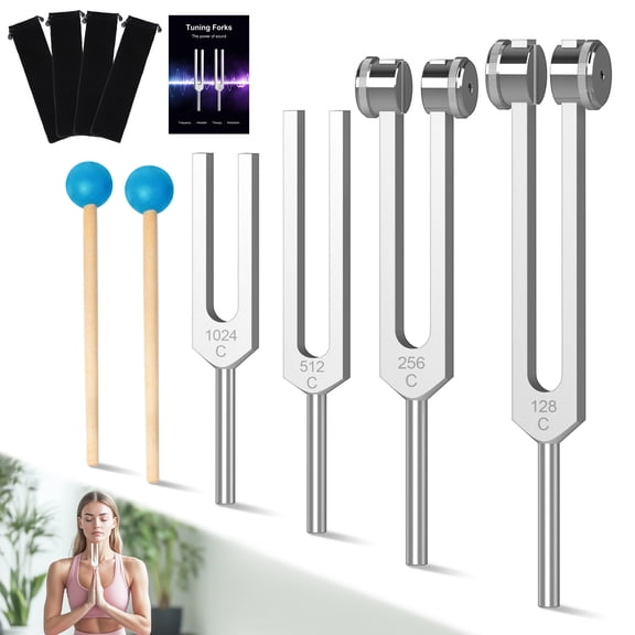 Tuning Fork Set 4pcs 128Hz, 256Hz, 512Hz, 1024Hz with Accessories for Yoga and Meditation,Relaxing Experience Brought by Sound Vibration