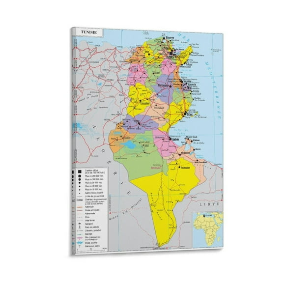 Tunisia Map Posters Wall Art Picture Painting Poster Canvas Print Posters Artworks Bedroom Living Room Decor 08x12inch(20x30cm)