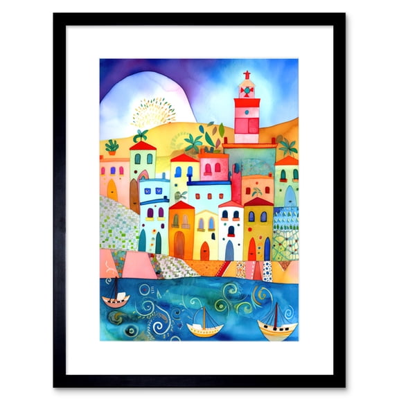 Tunisia Seaside Town Folk Art Artwork Framed Print Wall Art 9X7 Inch
