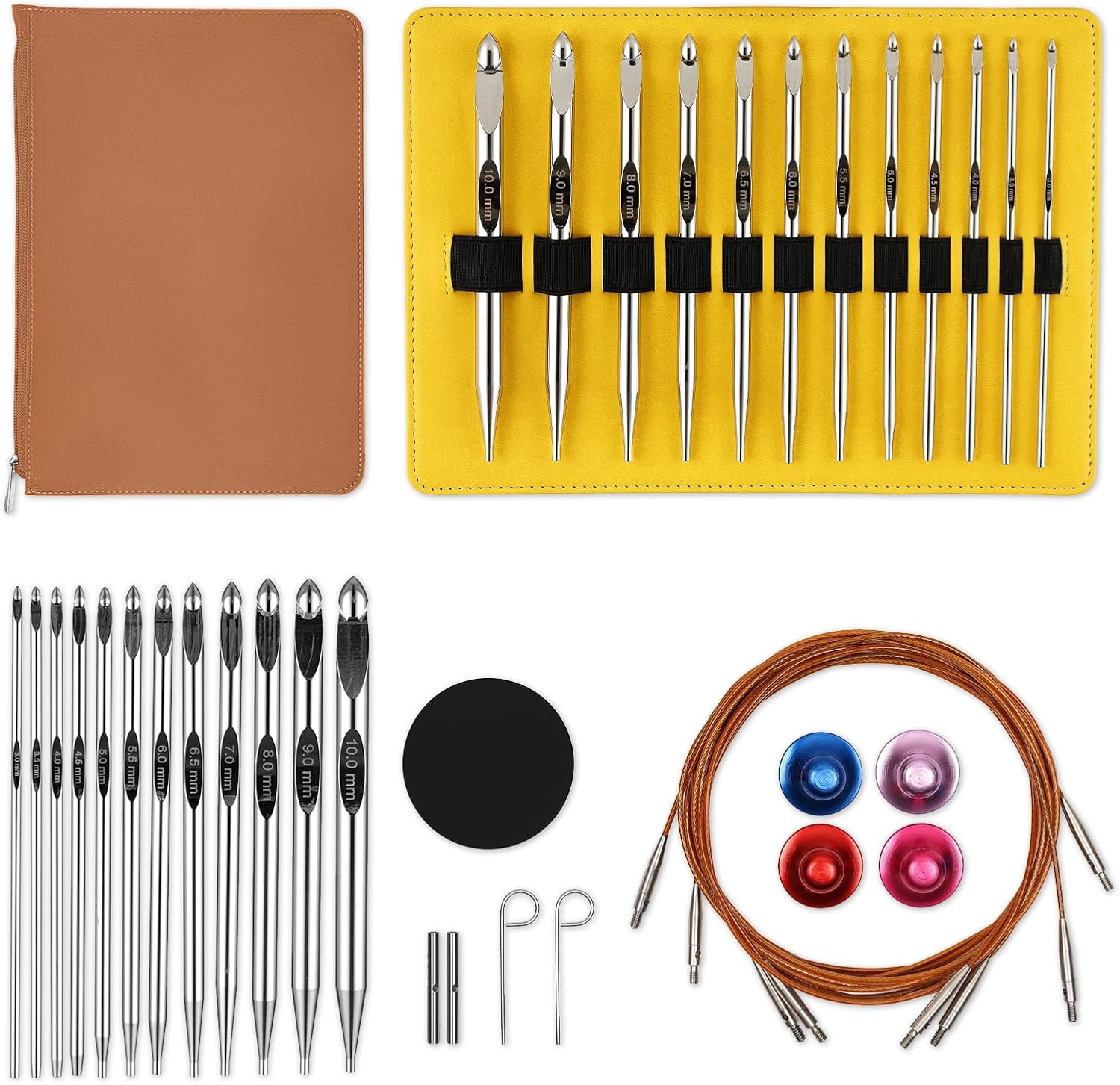 Tunisian Crochet Hooks Set With Cables - 12 Aluminum Hooks (3-10mm), 6 Inch, 36 Pc Interchangeable Kit With Case