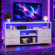 Tunmod 43 Inch TV Stand for 50/55 Inch TV, Entertainment Center with LED Lights & Power Outlets, Media Console Table with 4 Fabric Drawers & Open Shelves for Li