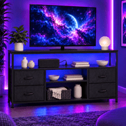 Tunmod 43 Inch TV Stand for 50/55 Inch TV, Entertainment Center with LED Lights & Power Outlets, Media Console Table with 4 Fabric Drawers & Open Shelves for Li