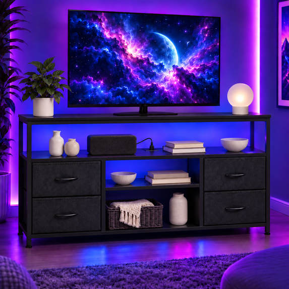Tunmod 43 Inch TV Stand for 50/55 Inch TV, Entertainment Center with LED Lights & Power Outlets, Media Console Table with 4 Fabric Drawers & Open Shelves for Living Room Bedroom