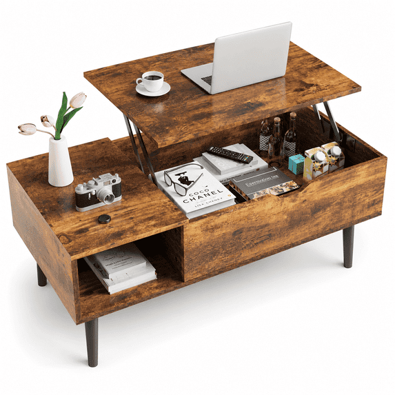 Tunmod Modern Lift-top Coffee Table with Hidden Compartment and Open Storage Shelf for Living Room, Reception Area and Home Office