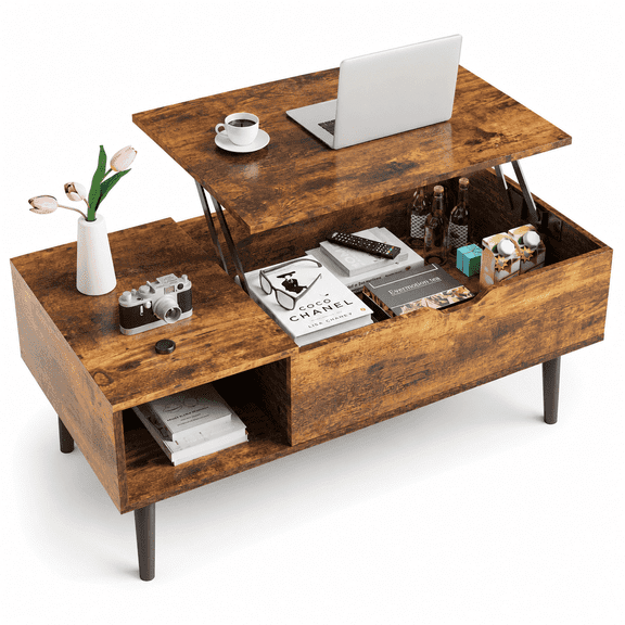 Tunmod Modern Lift-top Coffee Table with Hidden Compartment and Open Storage Shelf for Living Room, Reception Area and Home Office