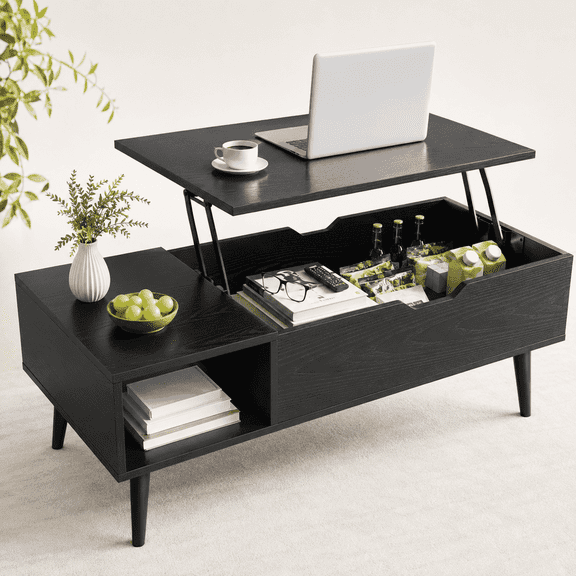 Tunmod Modern Lift-top Coffee Table with Hidden Compartment and Open Storage Shelf for Living Room, Reception Area and Home Office