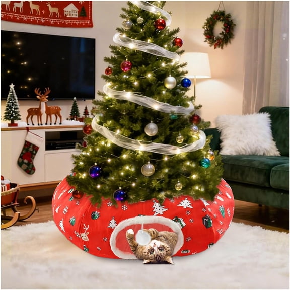 Tunnel Bed Under Christmas Tree Skirt, 36" Red Christmas Circle Tunnel with Ball, Decorative Xmas Tree Cats Donut Foldable Kitty Tube Tunnel for Indoor Cats/Small