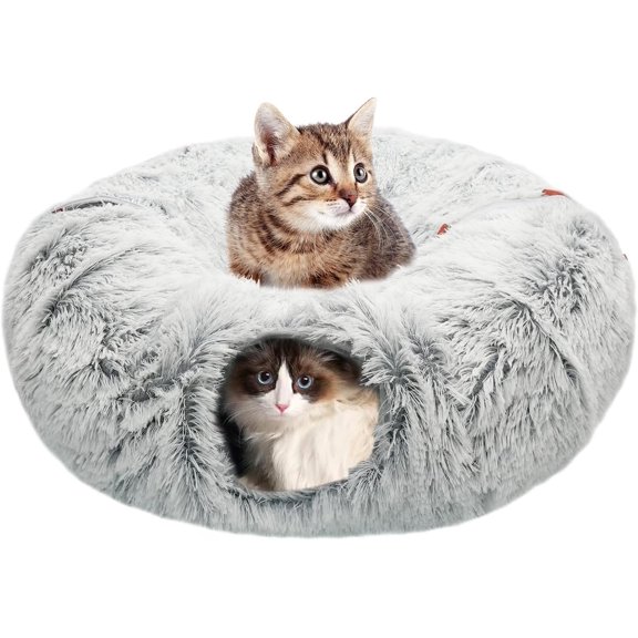 Tunnel Bed Large Indoor  Cave Donut with Mat  Soft Plush |  tunnel bed cave donut with central mat  ball  soft plush  collapsible indoor hideout for cats kittens