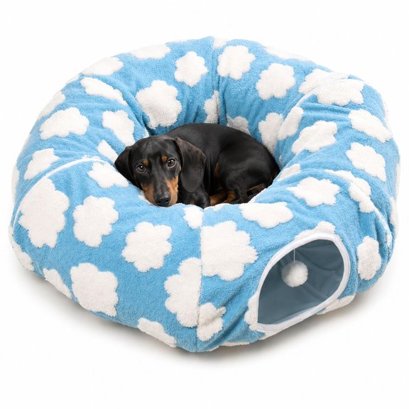 Tunnel Bed for Dogs, Foldable Circular Burrow Nest with Cozy Plush and Toy Ball, Indoor Sleep and Play Tunnel for Dog and Cats