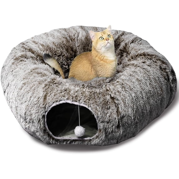 Tunnel Bed for Indoor Cats - Large Donut Tunnel with Ball , Collapsible 2-in-1 Multifunctional Interactive for Kitten, Puppy, , Ferret (Brown)