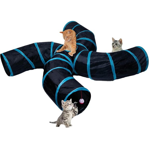 Tunnel for Indoor Cats Large, with Play Ball S-Shape 4 Way Collapsible Interactive Peek Hole Pet Tube , Puppy, Kitty, Kitten,  (S4 - Black & Blue)