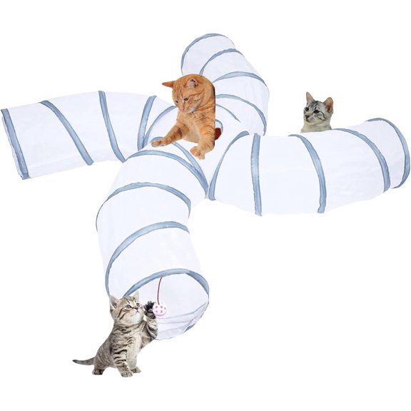 Tunnel for Indoor Cats Large, with Play Ball S-Shape 4 Way Collapsible Interactive Peek Hole Pet Tube , Puppy, Kitty, Kitten, (S4 - White & Grey)