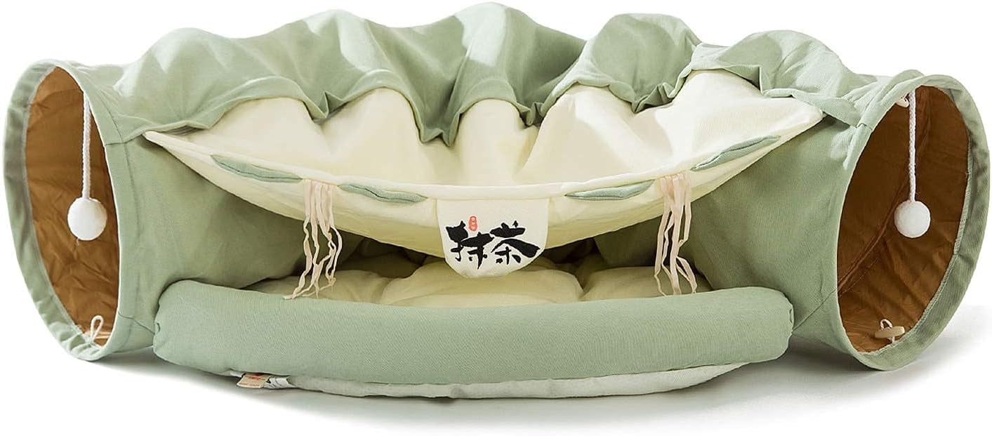 Tunnel for Indoor, Tube with Collapsible Washable Bed,Cat Bed for Small Medium Large cat.(Matcha)