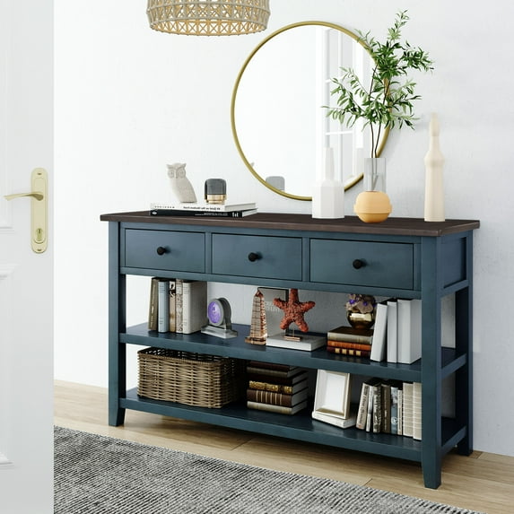 Tensun Navy Retro Design Console Table: Solid Wood, Three Drawers, Two Open Shelves - Ideal for Entryway, Hallway, Living Room, Bedroom, Foyer, Corridor, Office