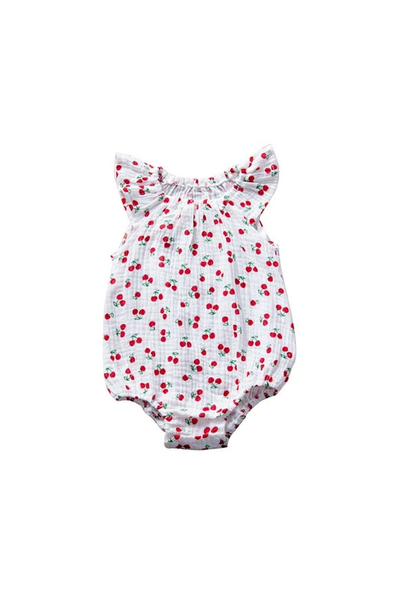 Baby Girl Fly Sleeve Cartoon Bodysuit Cotton Romper, Red, 0-24 Months