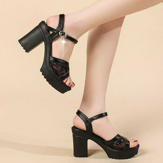 Tuobarr Block Heels Women's Summer Casual Round-Toe Sandals High-Heeled Platform Fashion Sandals Black US Size 6