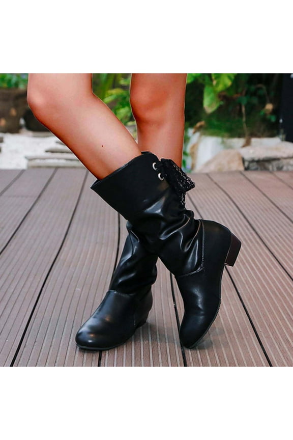 Cowboy Boots for Women, Women's Slouchy Mid Calf Knight Boots, Low Heel Round Head, Warm Mid Sleeve Snow Boots Black