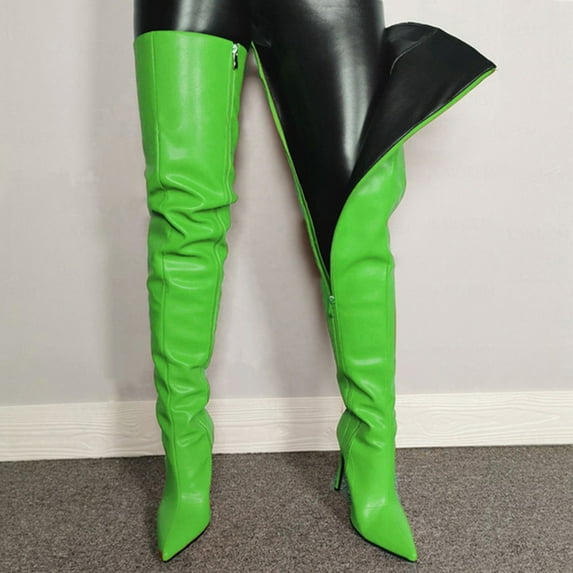 Tuobarr High Heels Women's Color Boots Sexy Pointed Zipper High Heel Thin Heel Large Knee Boots Green US Size 4