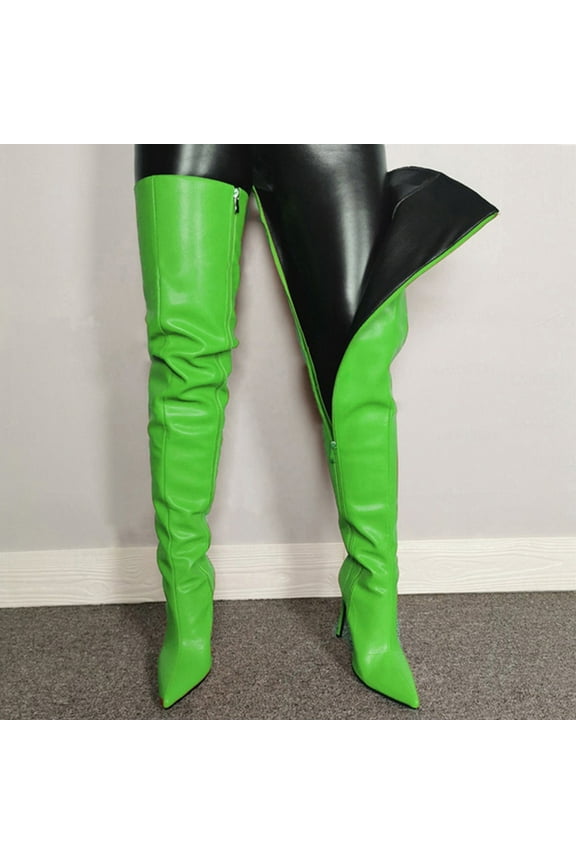 High Heels Women's Color Boots Sexy Pointed Zipper High Heel Thin Heel Large Knee Boots Green US Size 6.5