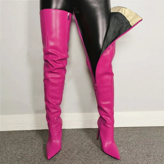 Tuobarr High Heels Women's Color Boots Sexy Pointed Zipper High Heel Thin Heel Large Knee Boots Hot Pink US Size 6.5