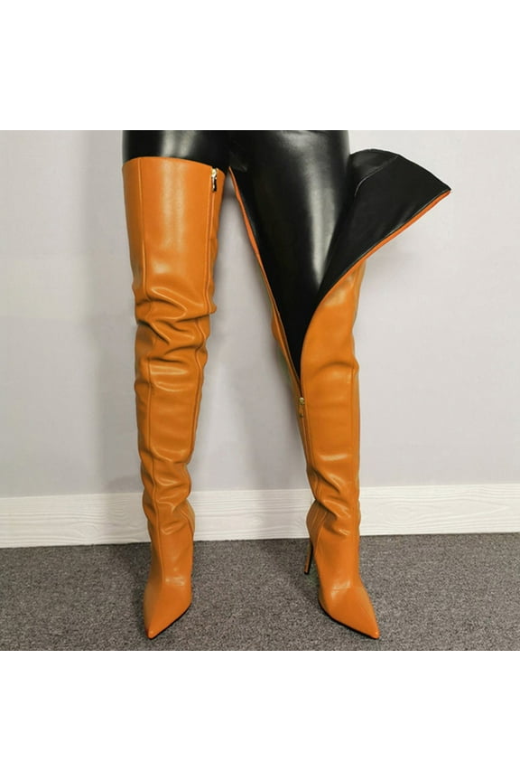 High Heels Women's Color Boots Sexy Pointed Zipper High Heel Thin Heel Large Knee Boots Orange US Size 9