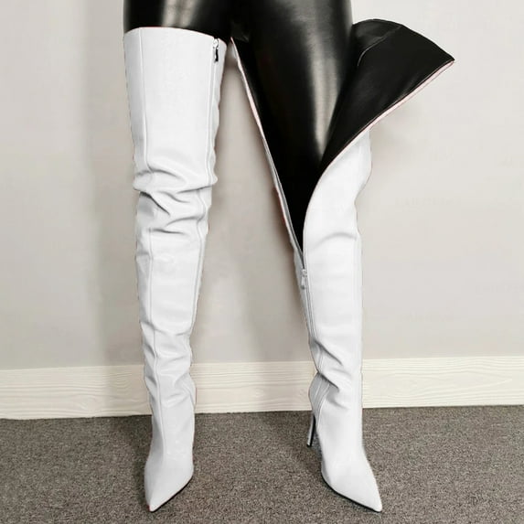 Tuobarr High Heels Women's Color Boots Fashion Pointed Zipper High Heel Thin Heel Large Knee Boots White US Size 9.5