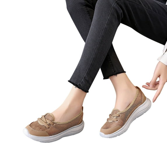 Tuobarr Sneakers for Women,Four Seasons Casual Women's Shoes New Mesh Hollow Breathable Low Top Flat Bottom Walking Shoes Khaki US Size 9.5