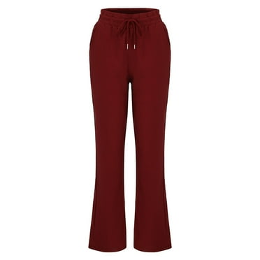 Tuobarr Straight Leg Pants for Women, Women Casual Cotton and Linen Solid Drawstring Elastic Waist Long Straight Pants Red XXL
