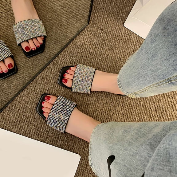 Tuobarr Women's Slide Sandals New Retro Square Toe Flat Shoes Women's Rhinestone Casual Flat Sandals Women's Slippers Black US Size 4.5