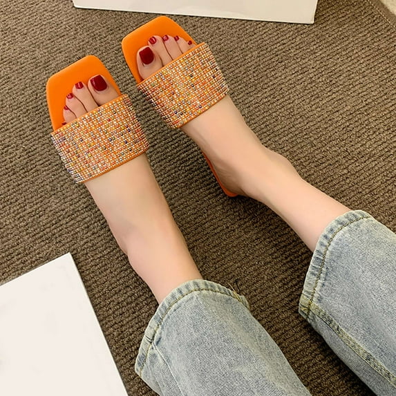 Tuobarr Women's Slide Sandals New Retro Square Toe Flat Shoes Women's Rhinestone Casual Flat Sandals Women's Slippers Orange US Size 8.5