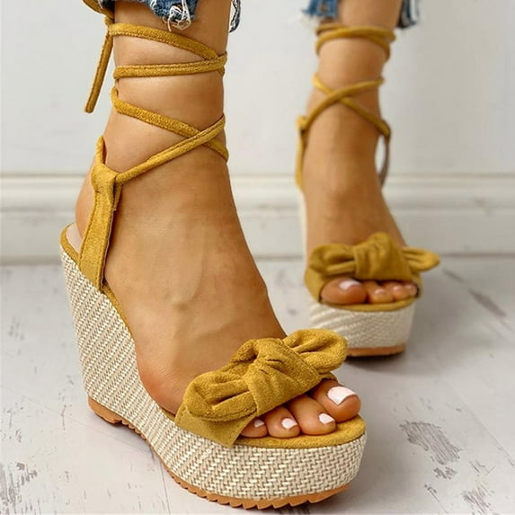 Tuobarr Women's Wedge Sandals Fashion Women Solid Color Bowknot Bandage Comfy Sandals Slope Heeled Beach Casual Shoes Yellow US Size 7.5
