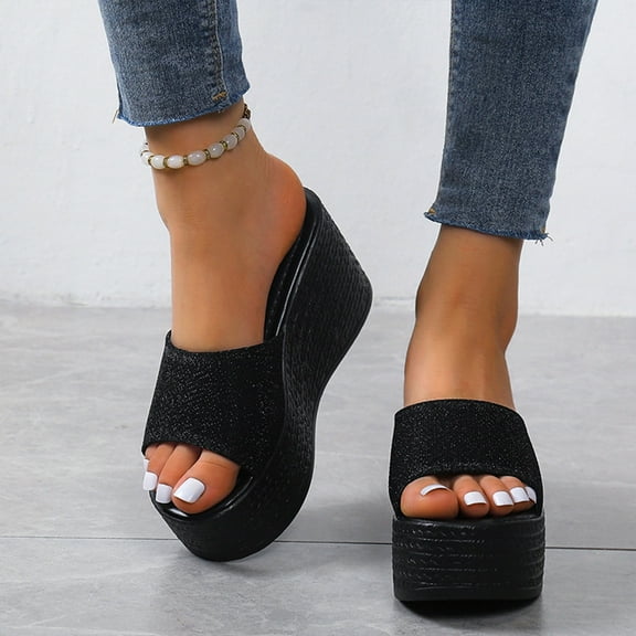 Tuobarr Women's Wedge Sandals Matsu Heel Thick Sole Slope Heel Women's Shoes Breathable Slip-On Beach Sandals Black US Size 6