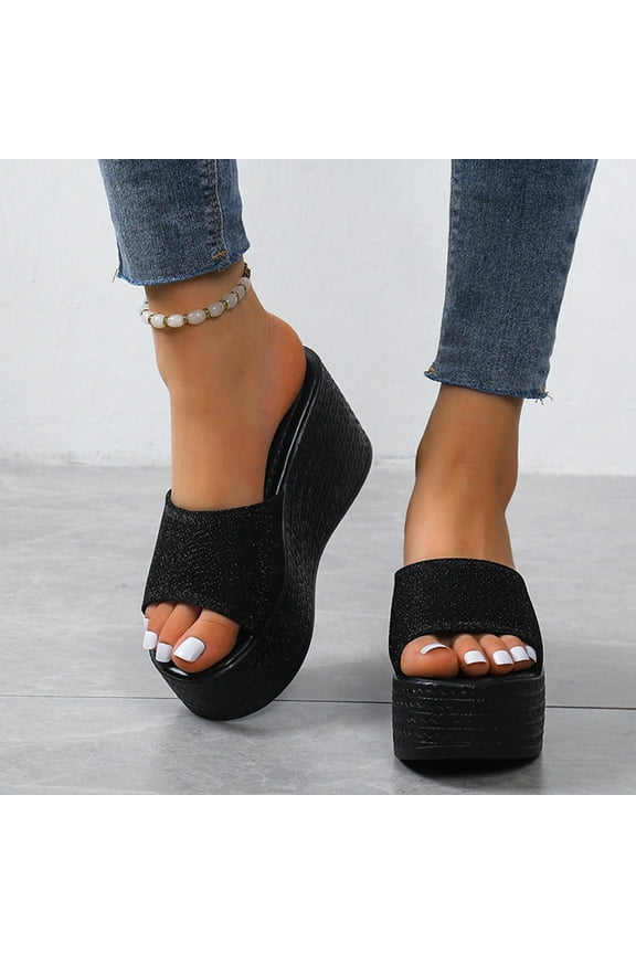 Women's Wedge Sandals Matsu Heel Thick Sole Slope Heel Women's Shoes Breathable Slip-On Beach Sandals Black US Size 7