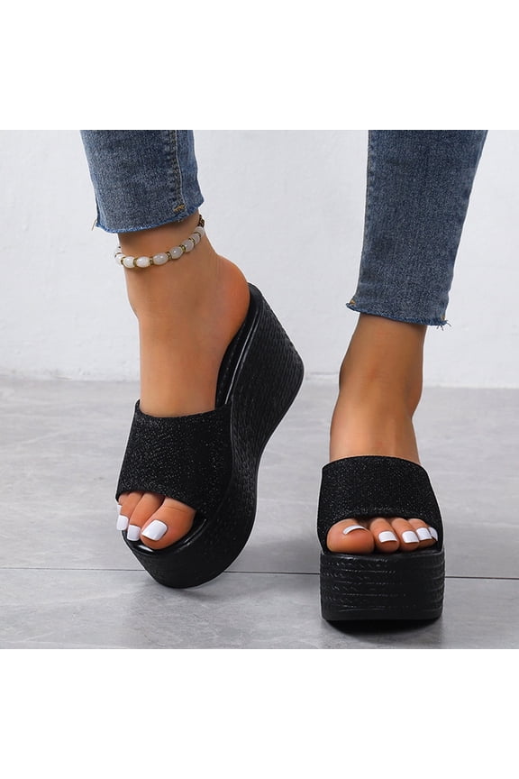 Women's Wedge Sandals Matsu Heel Thick Sole Slope Heel Women's Shoes Breathable Slip-On Beach Sandals Black US Size 9